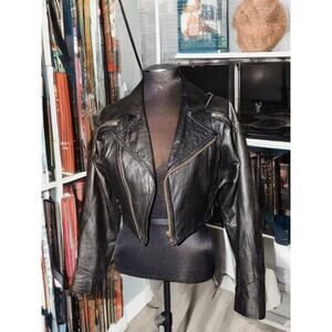 Vintage Tannery West Black Leather Moto Jacket 90s Cropped Fit
